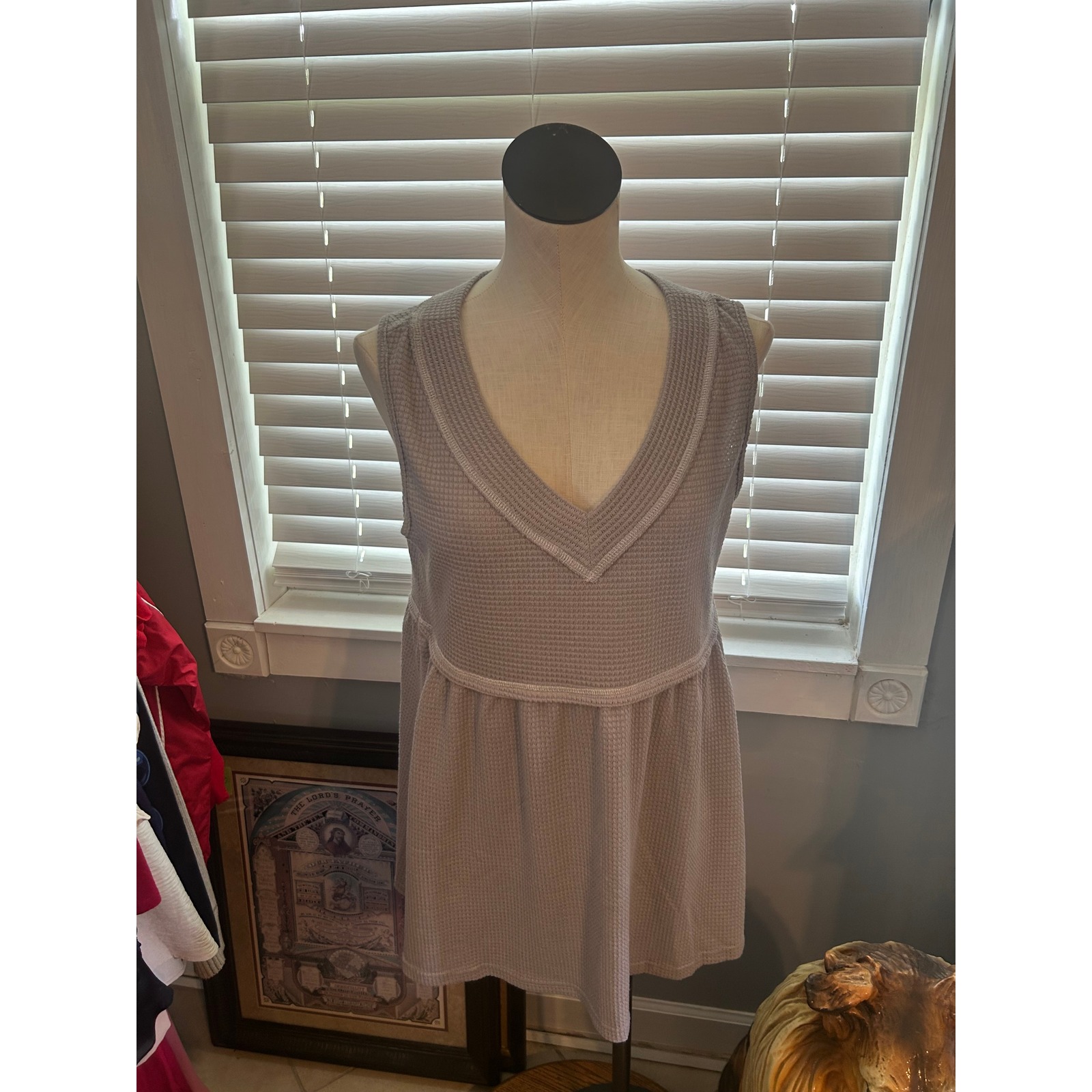 Fashion Classic Collection Women Waffle Knit V-Neck Babydoll Tank Top Grey L Nwt